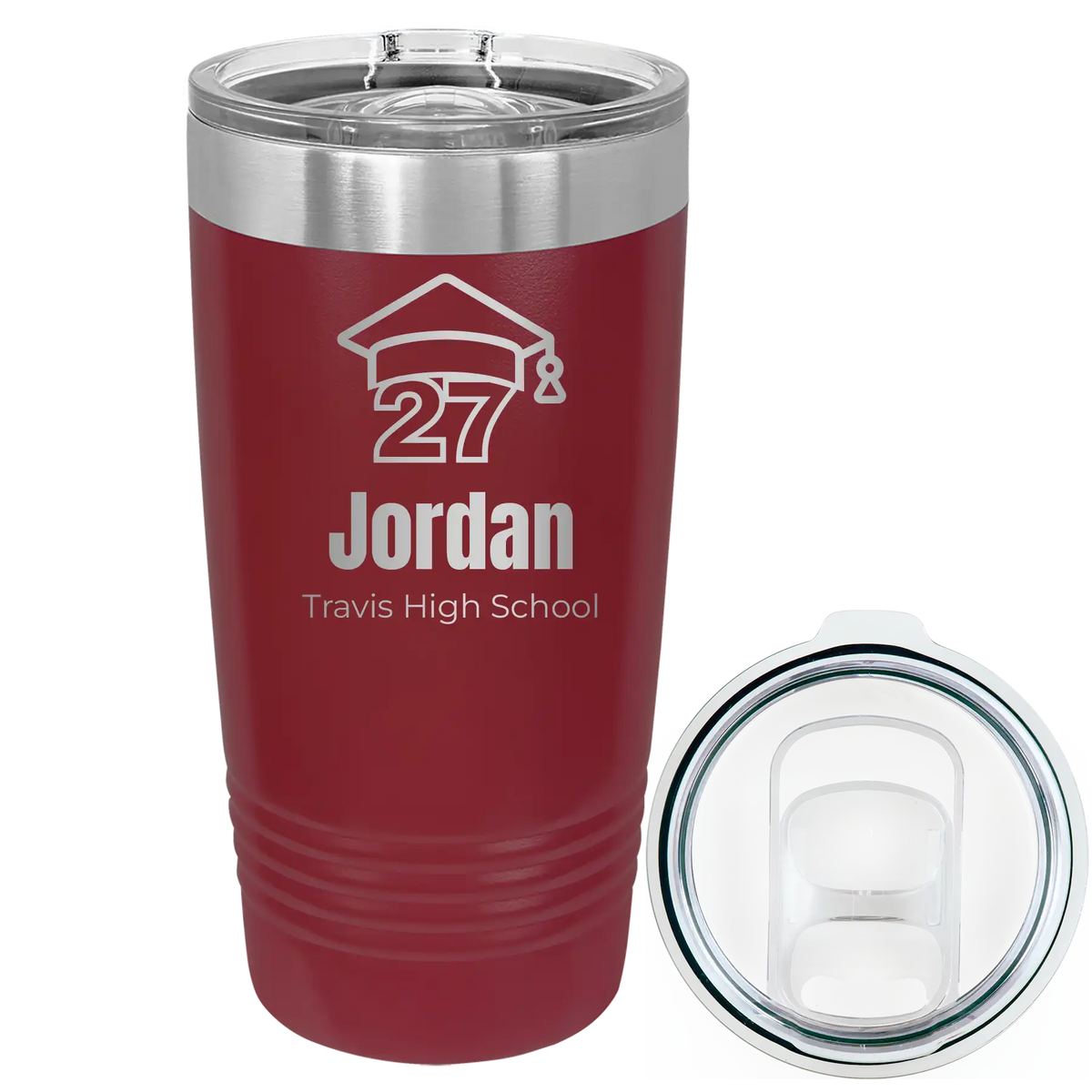 Laser etched maroon 20 oz vacuum insulated tumbler with 'Year 2027' design