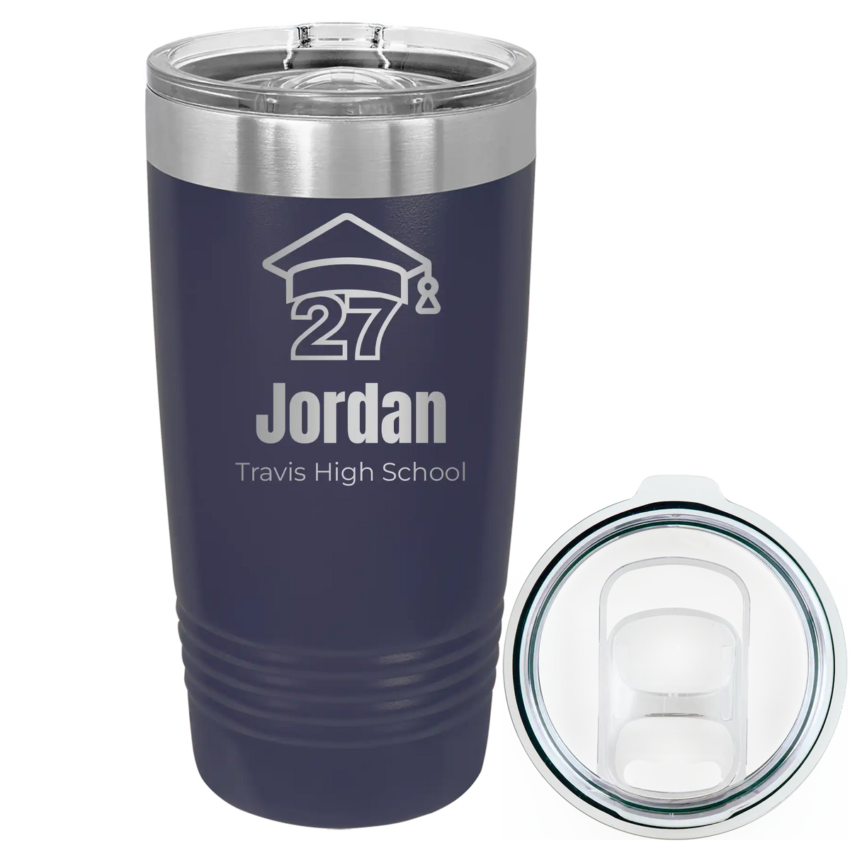 Laser etched navy 20 oz vacuum insulated tumbler with 'Year 2027' design