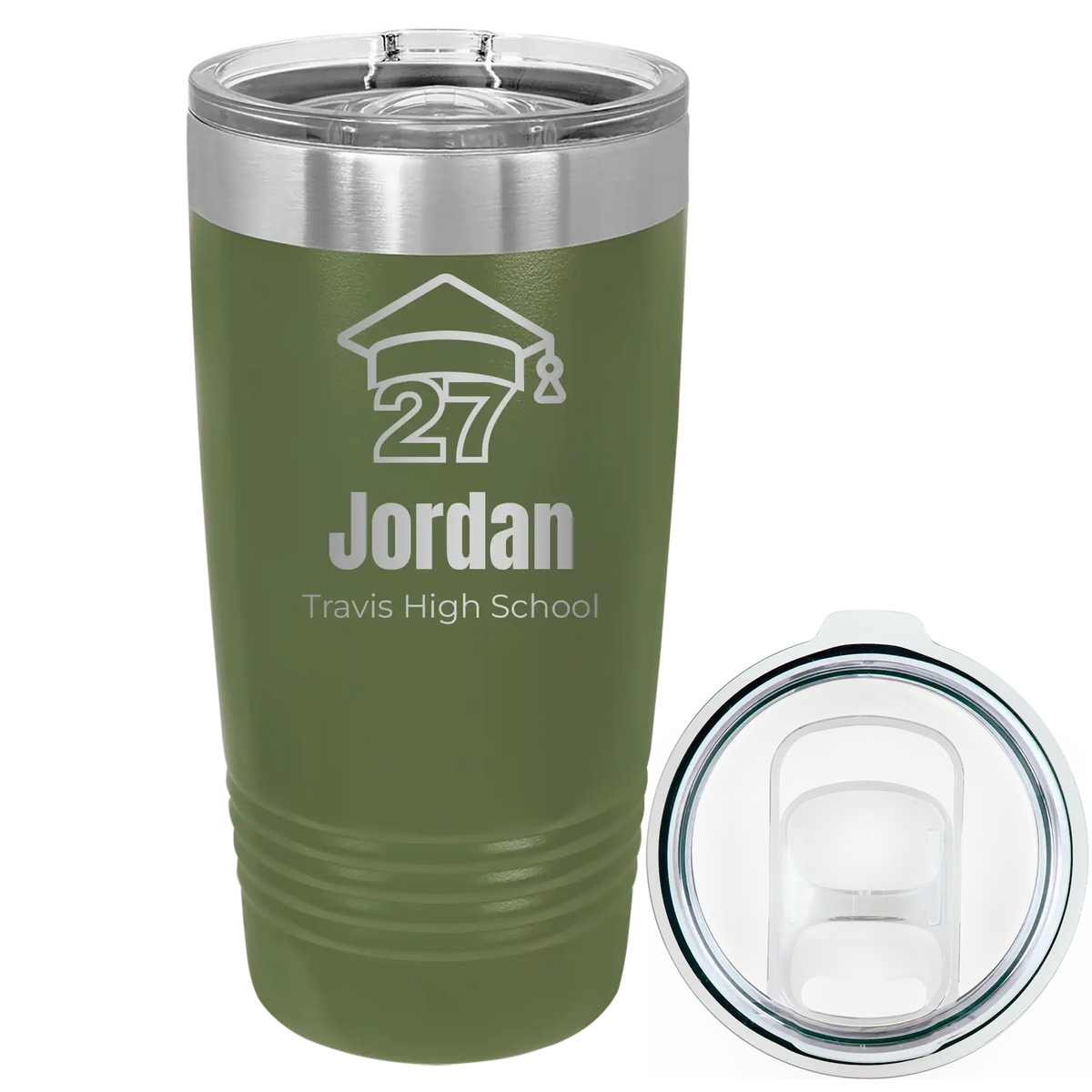 Laser etched olive green 20 oz vacuum insulated tumbler with 'Year 2027' design