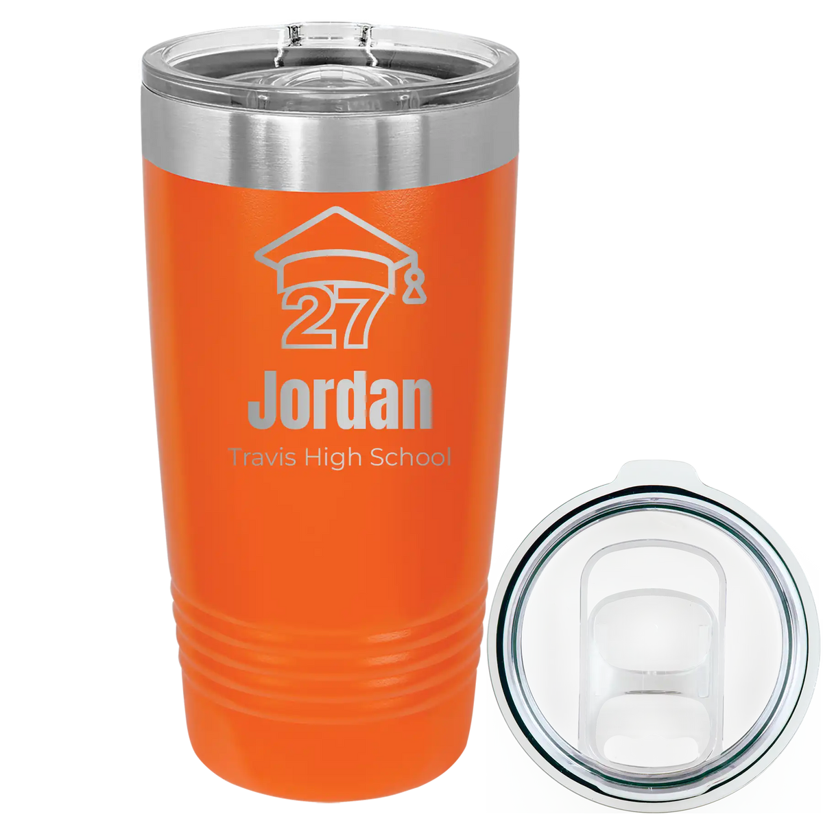 Laser etched orange 20 oz vacuum insulated tumbler with 'Year 2027' design
