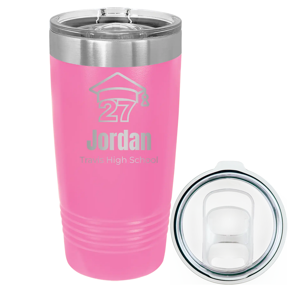 Laser etched pink 20 oz vacuum insulated tumbler with 'Year 2027' design