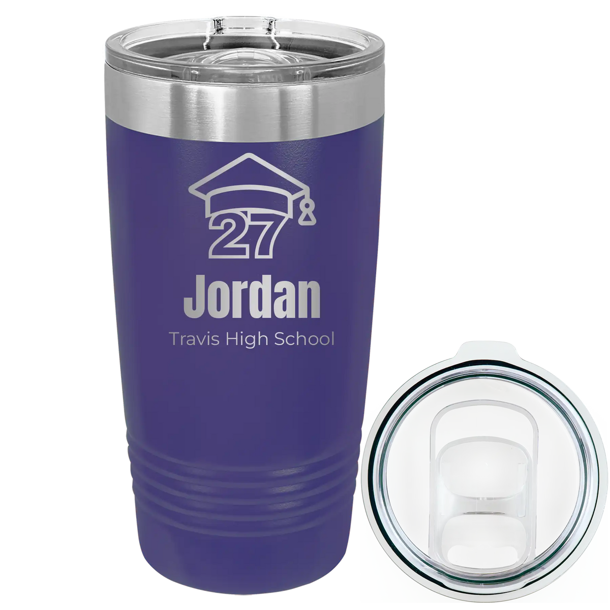 Laser etched purple 20 oz vacuum insulated tumbler with 'Year 2027' design