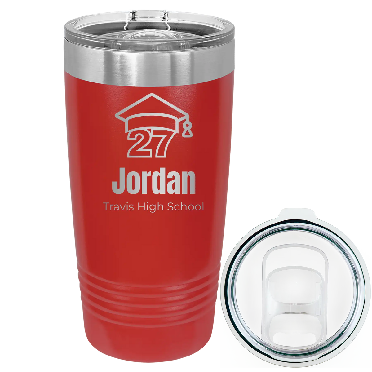Laser etched red 20 oz vacuum insulated tumbler with 'Year 2027' design