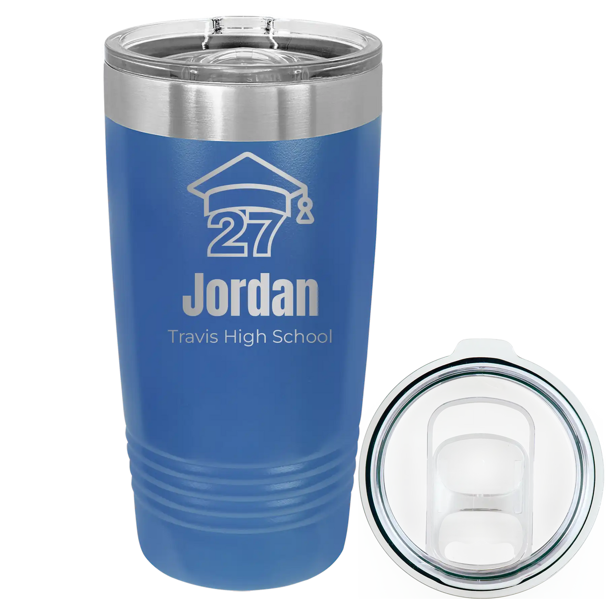 Laser etched royal blue 20 oz vacuum insulated tumbler with 'Year 2027' design