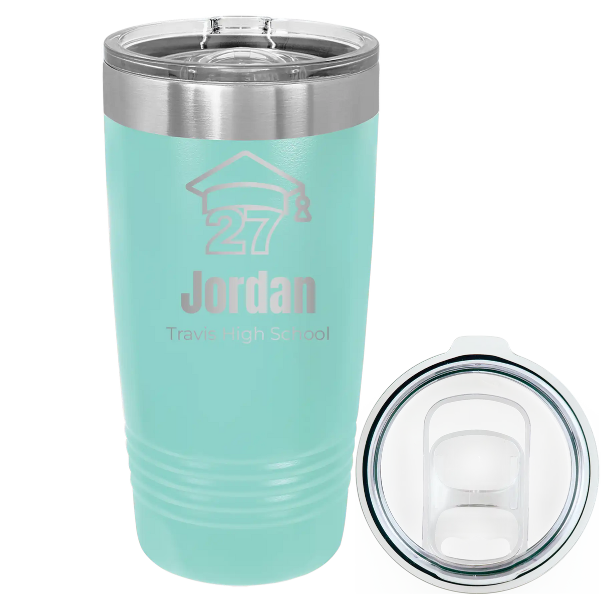 Laser etched teal 20 oz vacuum insulated tumbler with 'Year 2027' design