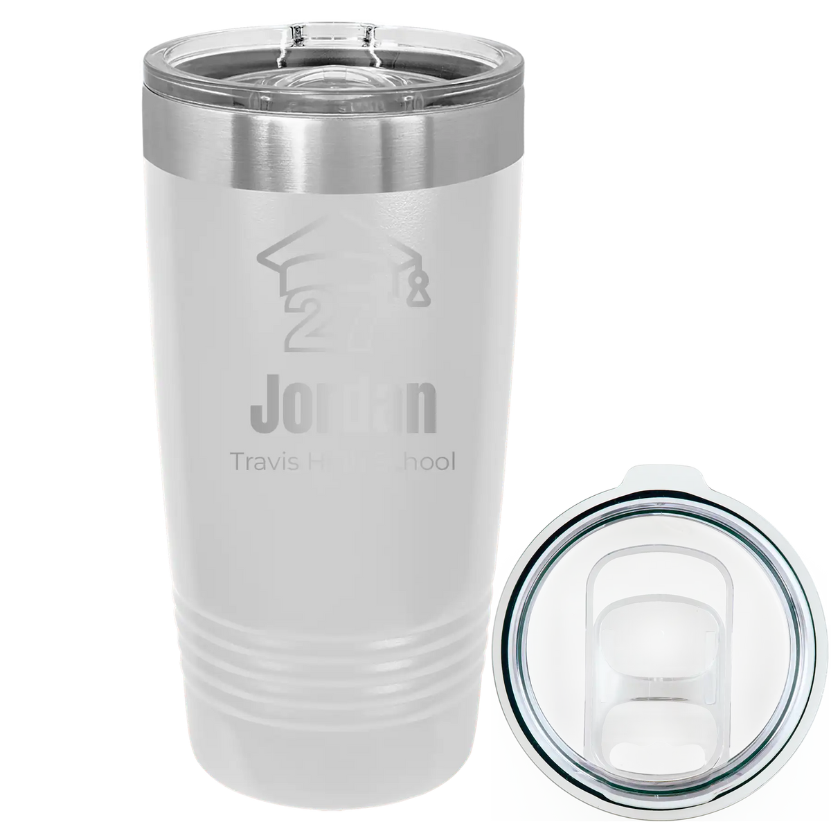 Laser etched white 20 oz vacuum insulated tumbler with 'Year 2027' design
