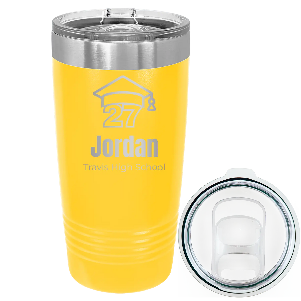 Laser etched yellow 20 oz vacuum insulated tumbler with 'Year 2027' design
