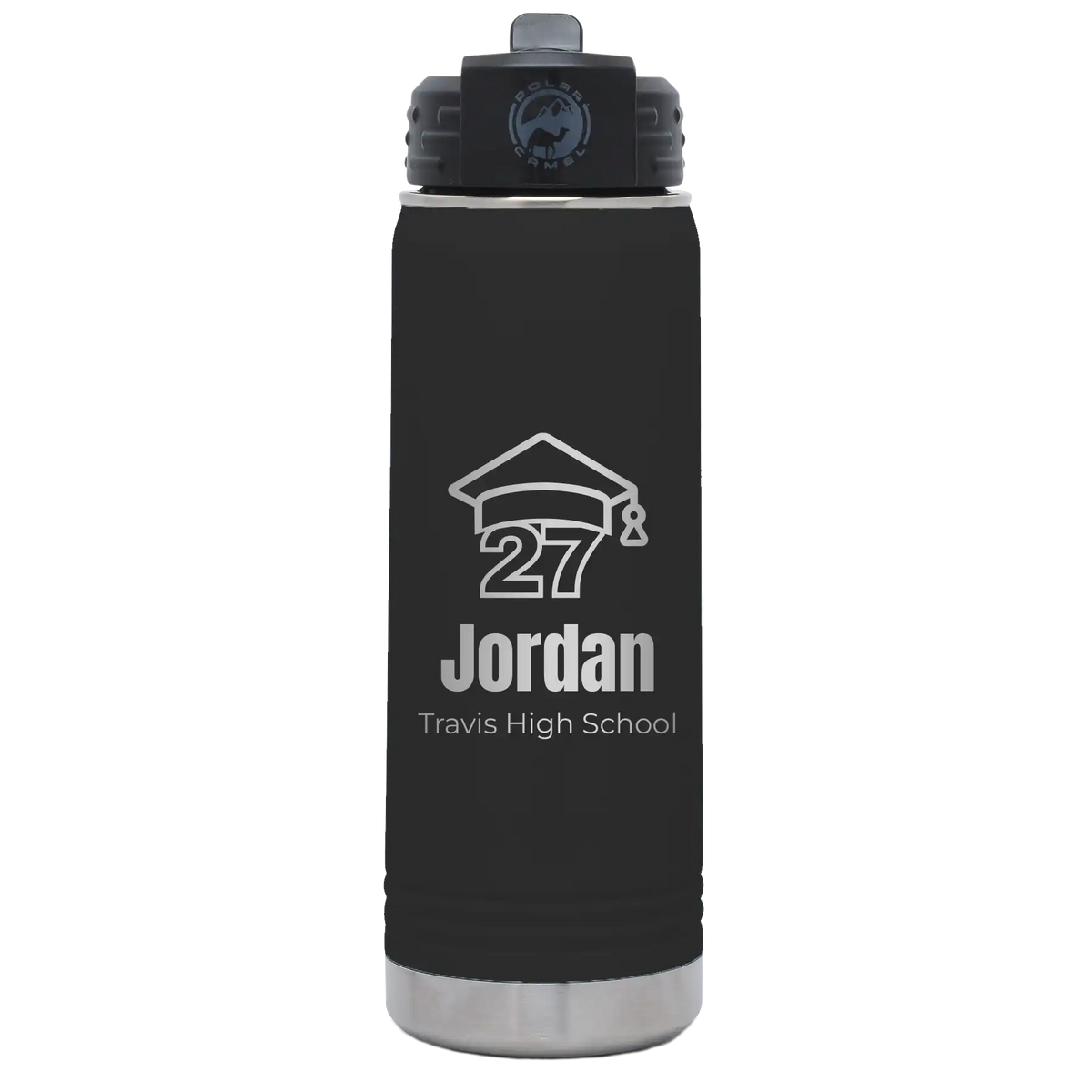 Laser etched black 20 oz vacuum insulated water bottle with 'Year 2027' design