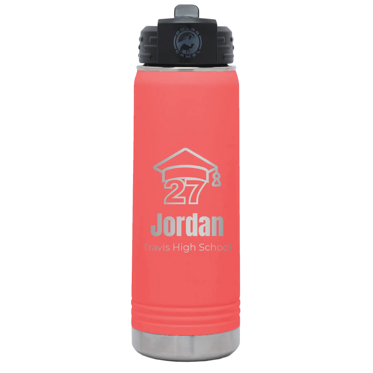 Laser etched coral 20 oz vacuum insulated water bottle with 'Year 2027' design