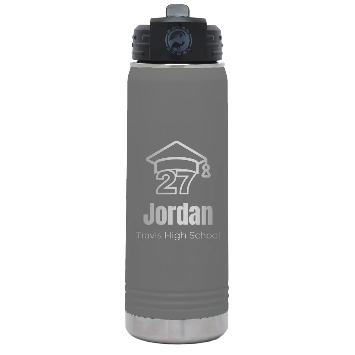Laser etched dark gray 20 oz vacuum insulated water bottle with 'Year 2027' design