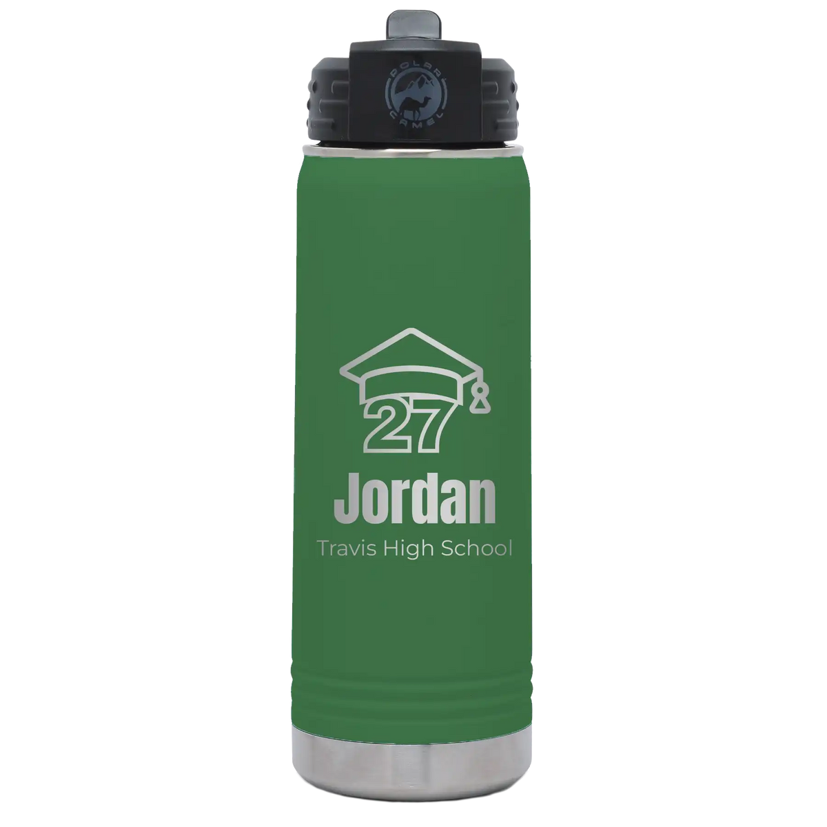 Laser etched green 20 oz vacuum insulated water bottle with 'Year 2027' design