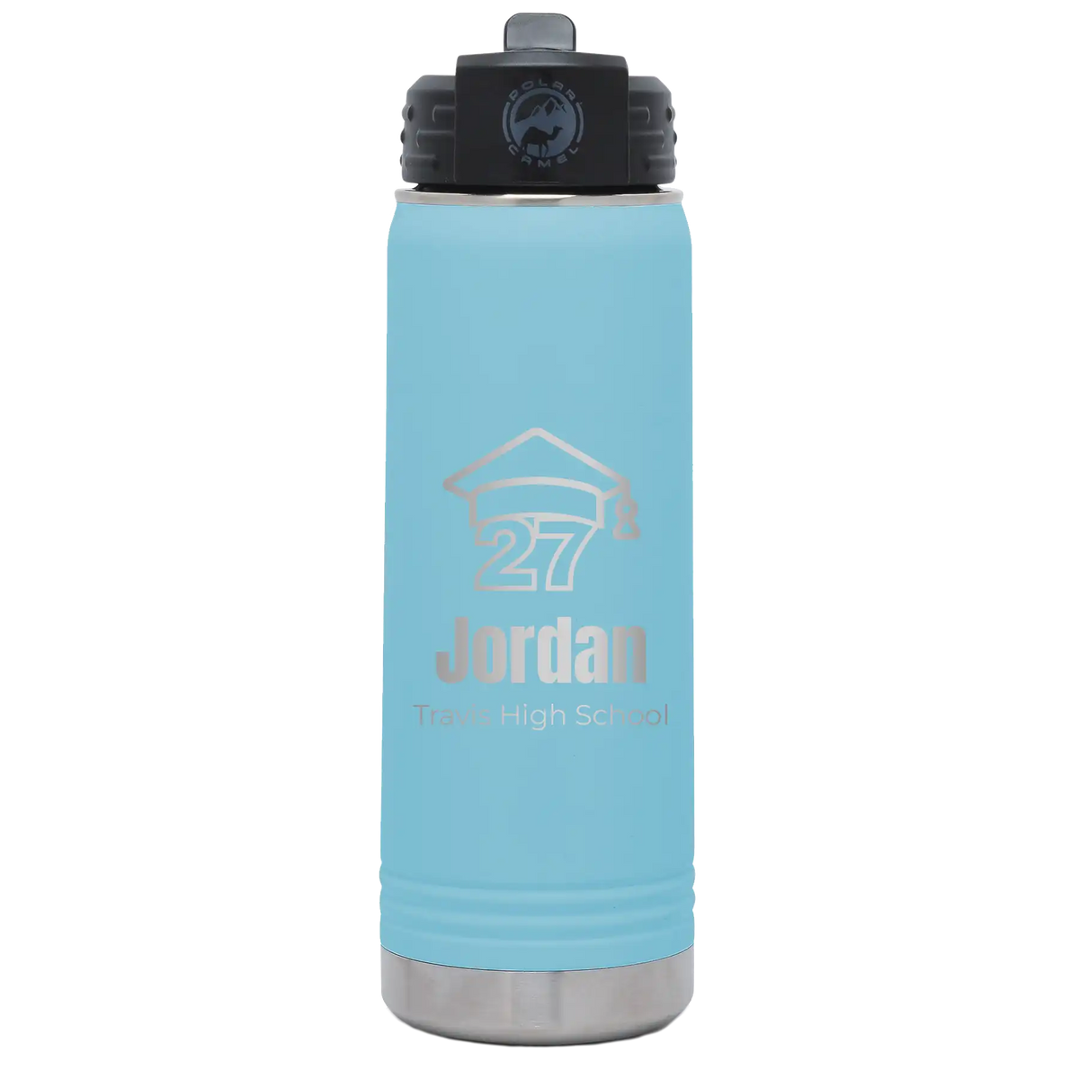Laser etched light blue 20 oz vacuum insulated water bottle with 'Year 2027' design