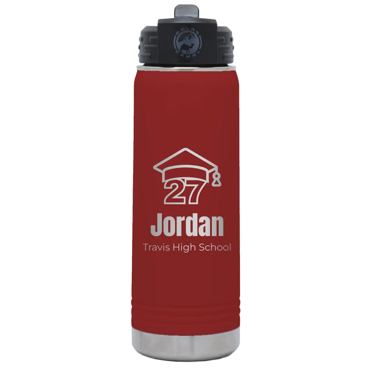 Laser etched maroon 20 oz vacuum insulated water bottle with 'Year 2027' design