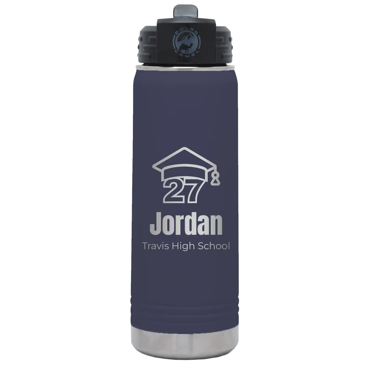 Laser etched navy 20 oz vacuum insulated water bottle with 'Year 2027' design