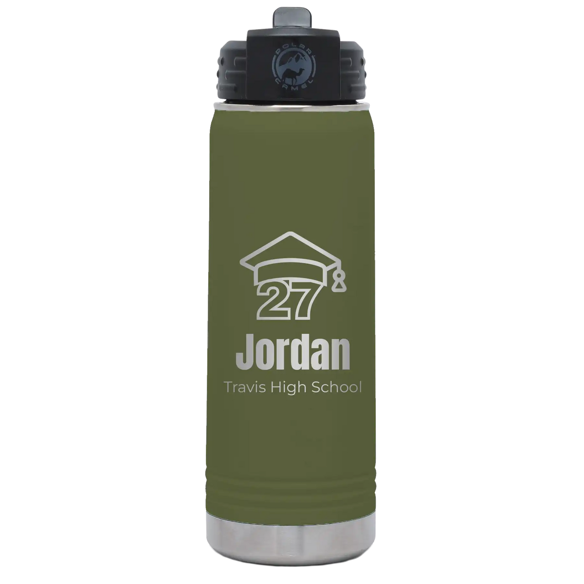 Laser etched olive green 20 oz vacuum insulated water bottle with 'Year 2027' design