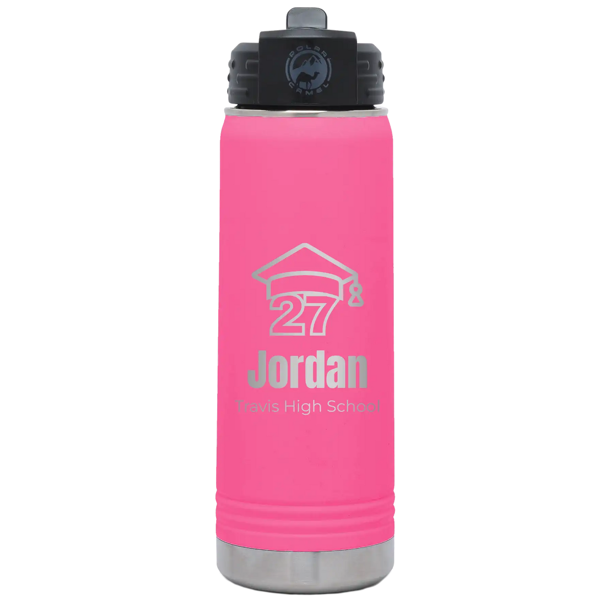 Laser etched pink 20 oz vacuum insulated water bottle with 'Year 2027' design
