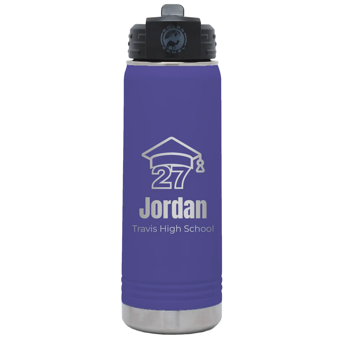 Laser etched purple 20 oz vacuum insulated water bottle with 'Year 2027' design