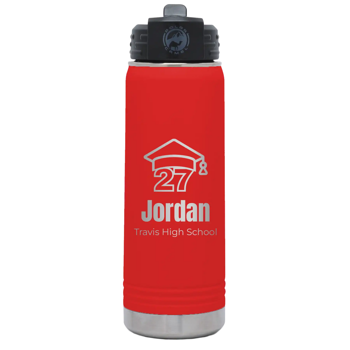 Laser etched red 20 oz vacuum insulated water bottle with 'Year 2027' design