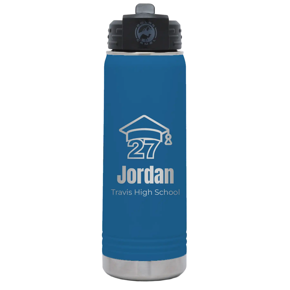 Laser etched royal blue 20 oz vacuum insulated water bottle with 'Year 2027' design