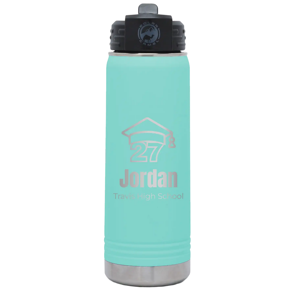 Laser etched teal 20 oz vacuum insulated water bottle with 'Year 2027' design