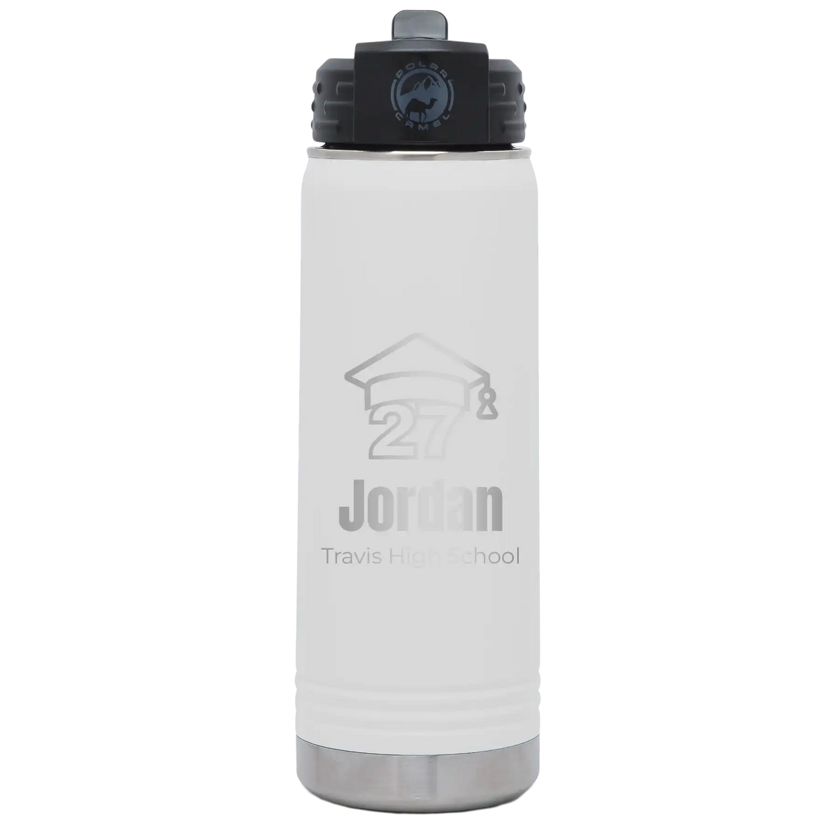 Laser etched white 20 oz vacuum insulated water bottle with 'Year 2027' design