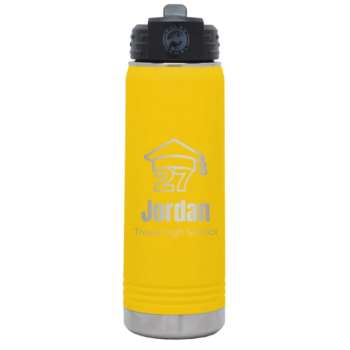 Laser etched yellow 20 oz vacuum insulated water bottle with 'Year 2027' design