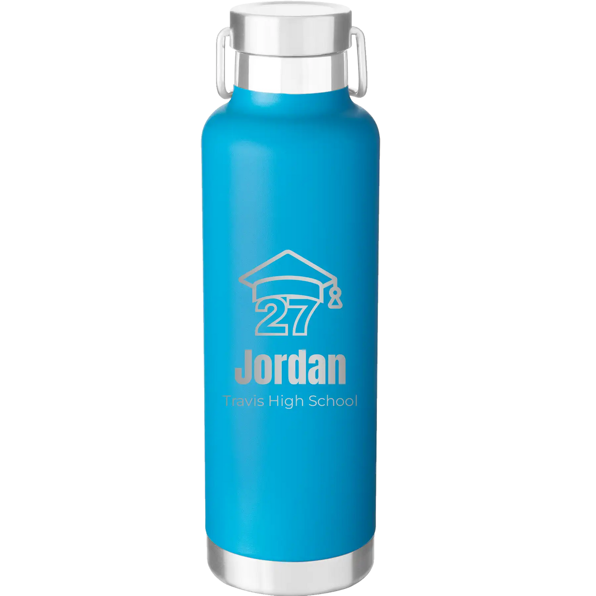 Laser etched aqua 24 oz vacuum insulated water bottle with 'Year 2027' design