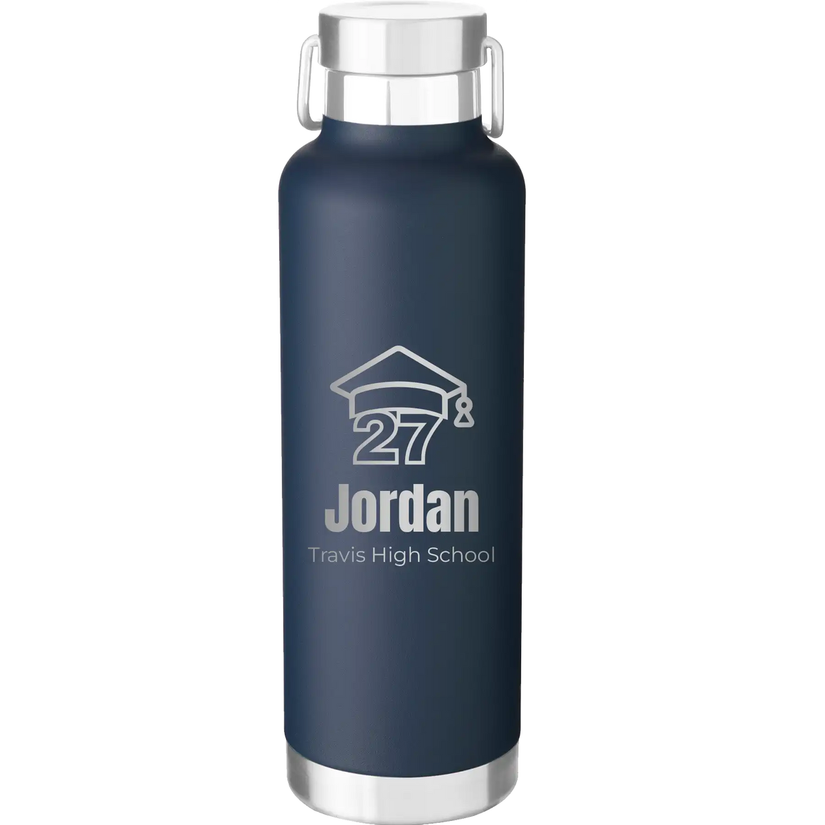 Laser etched navy 24 oz vacuum insulated water bottle with 'Year 2027' design