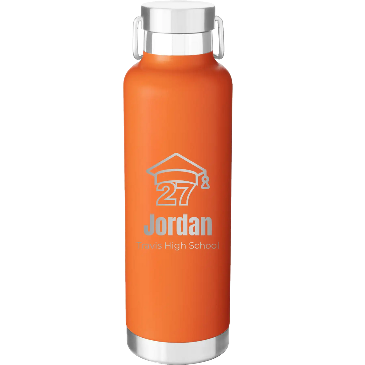 Laser etched orange 24 oz vacuum insulated water bottle with 'Year 2027' design