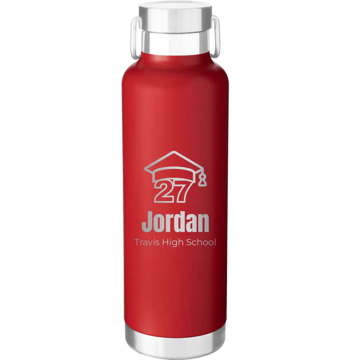 Laser etched red 24 oz vacuum insulated water bottle with 'Year 2027' design