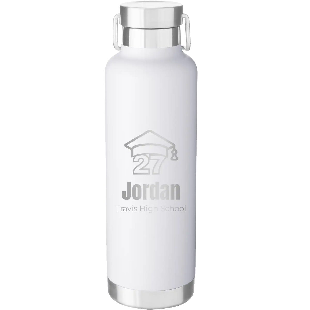 Laser etched white 24 oz vacuum insulated water bottle with 'Year 2027' design