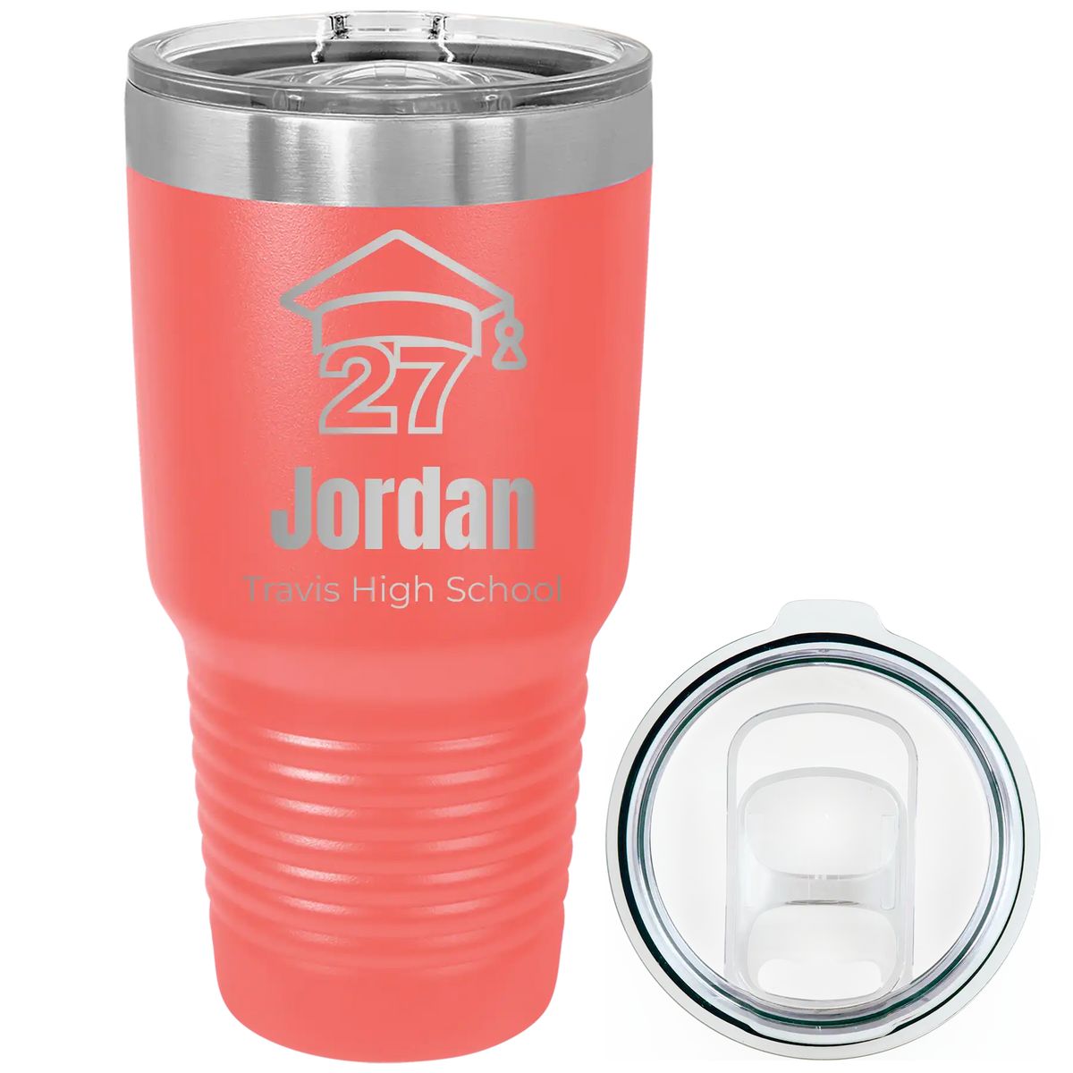 Laser etched coral 30 oz vacuum insulated tumbler with 'Year 2027' design