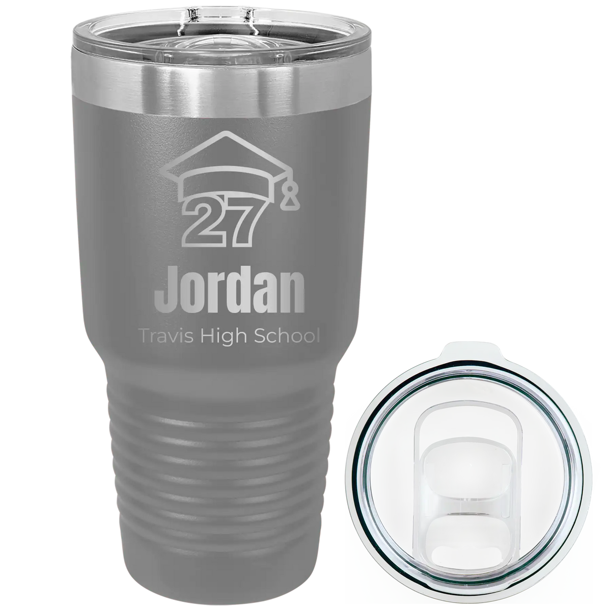 Laser etched dark gray 30 oz vacuum insulated tumbler with 'Year 2027' design