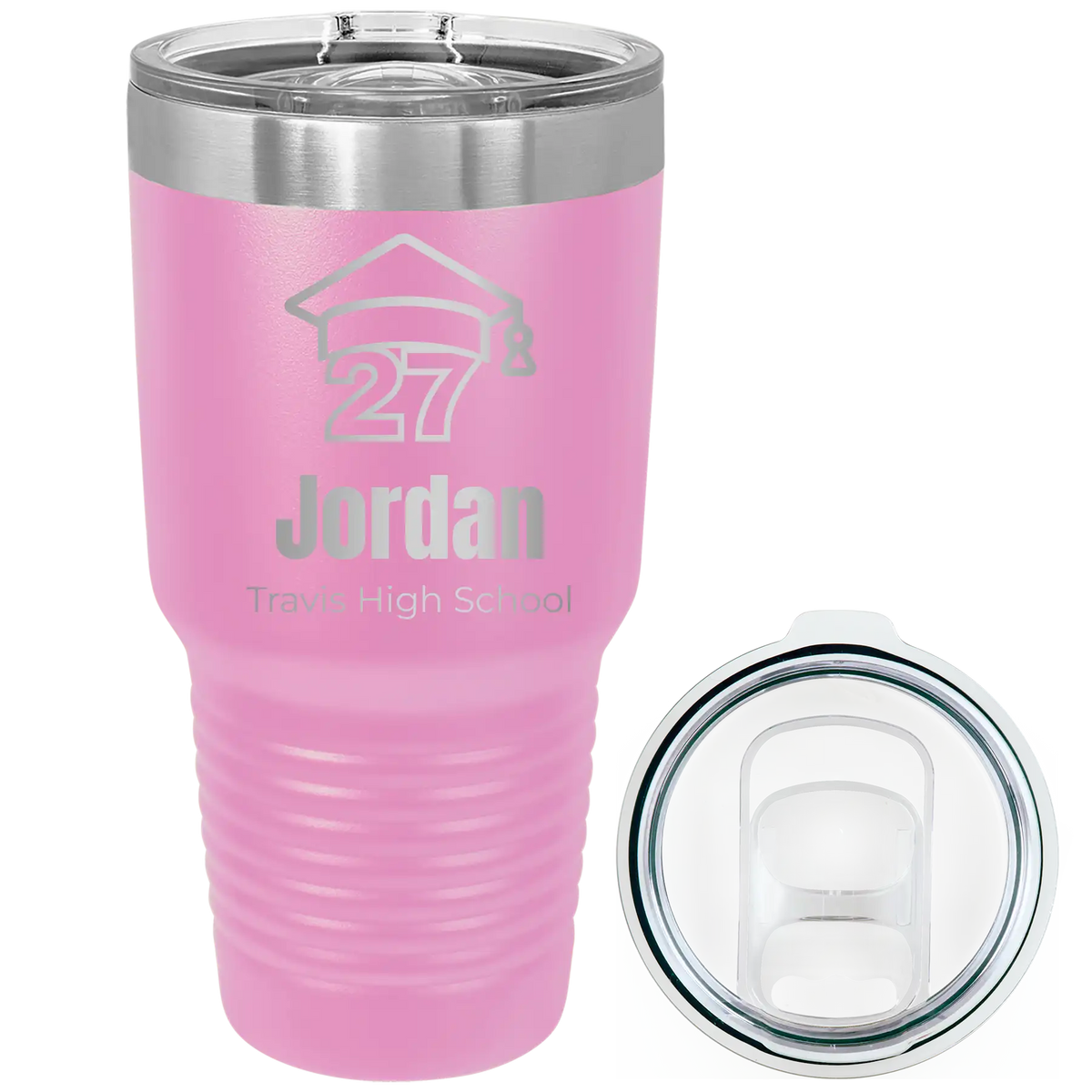 Laser etched light purple 30 oz vacuum insulated tumbler with 'Year 2027' design