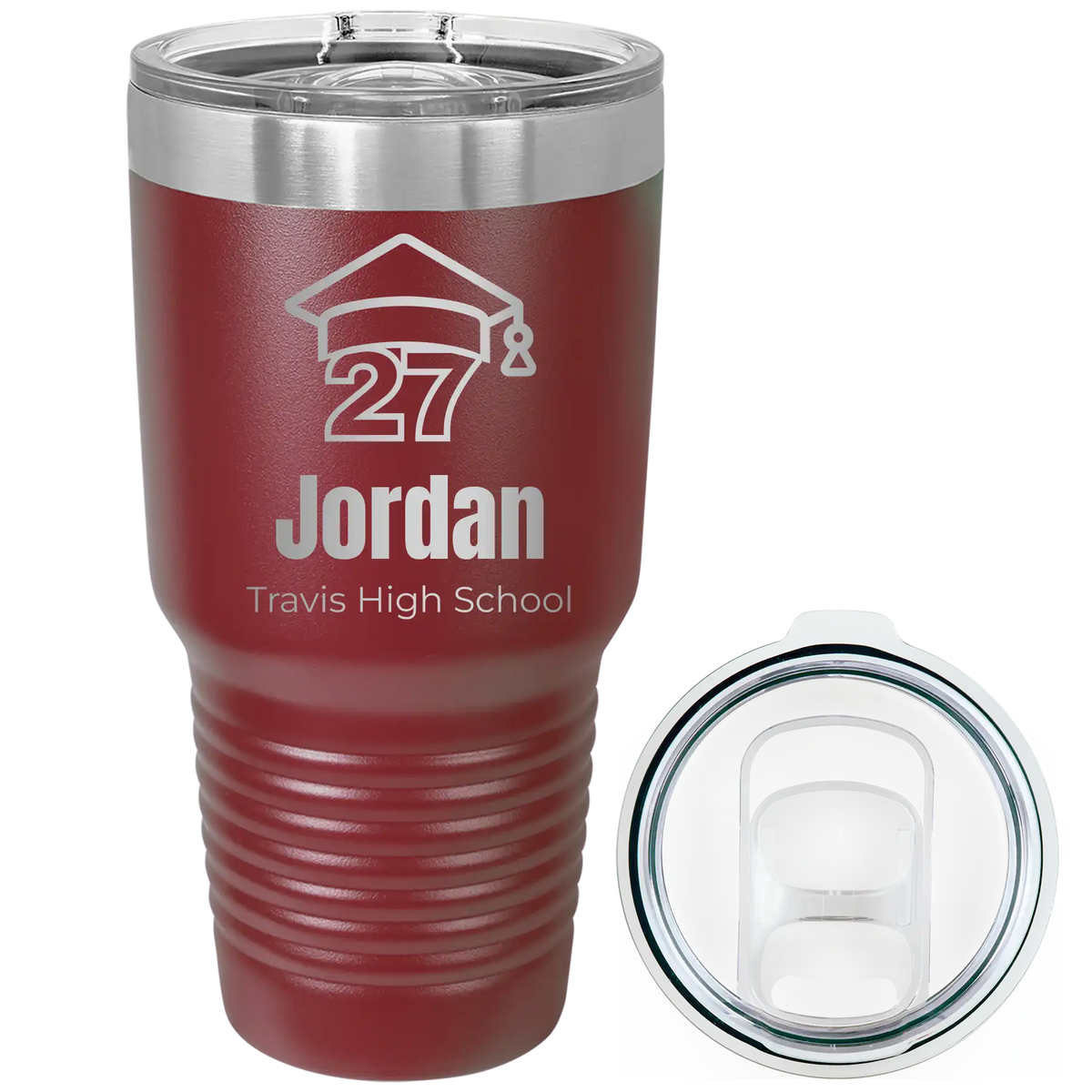 Laser etched maroon 30 oz vacuum insulated tumbler with 'Year 2027' design