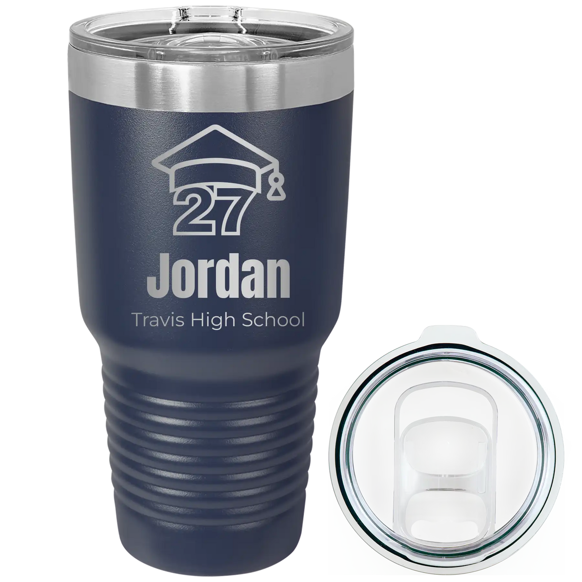 Laser etched navy 30 oz vacuum insulated tumbler with 'Year 2027' design