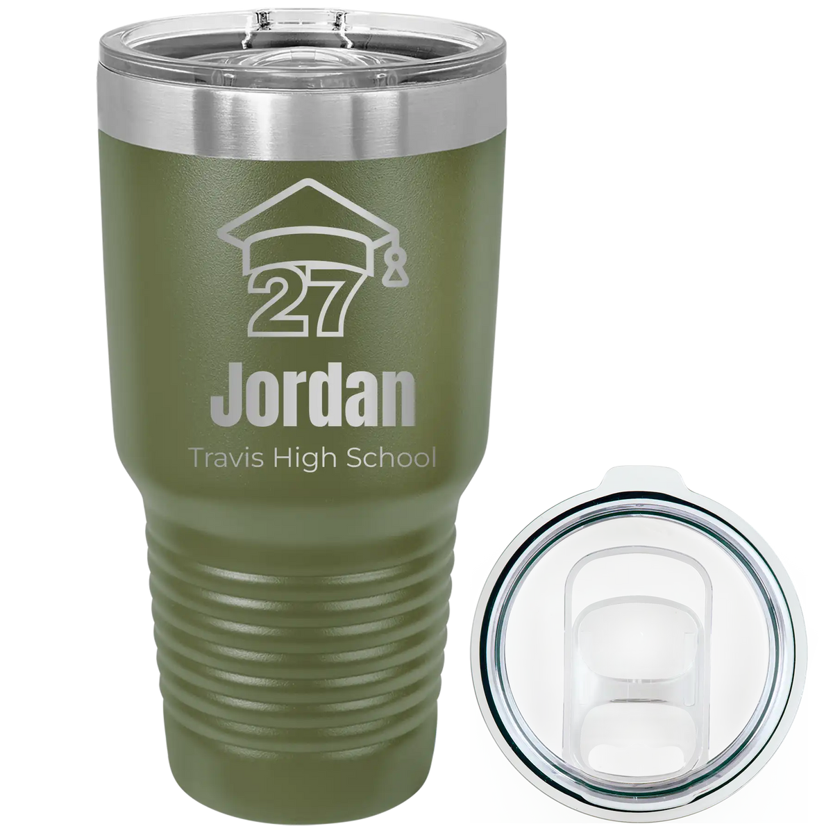 Laser etched olive green 30 oz vacuum insulated tumbler with 'Year 2027' design