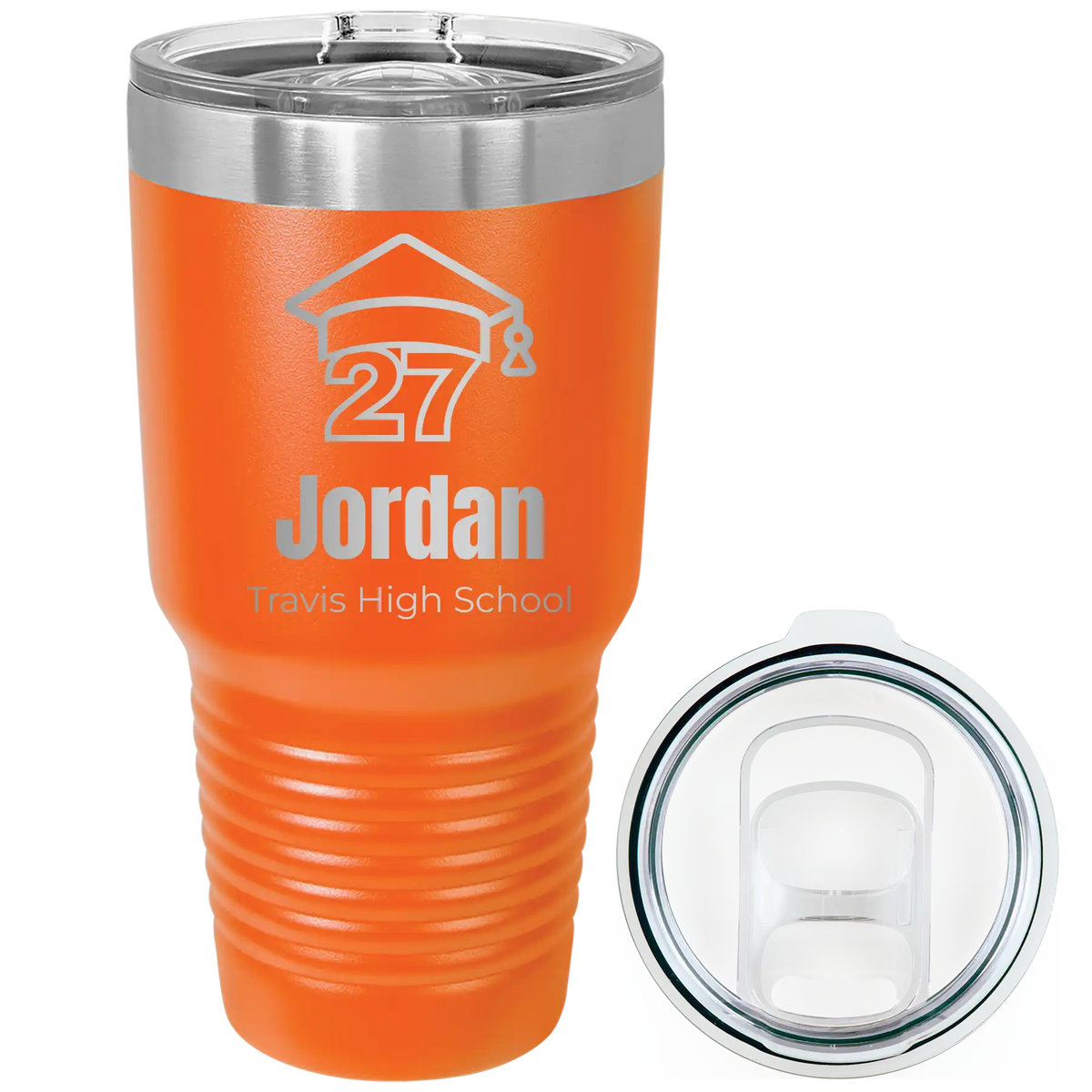 Laser etched orange 30 oz vacuum insulated tumbler with 'Year 2027' design