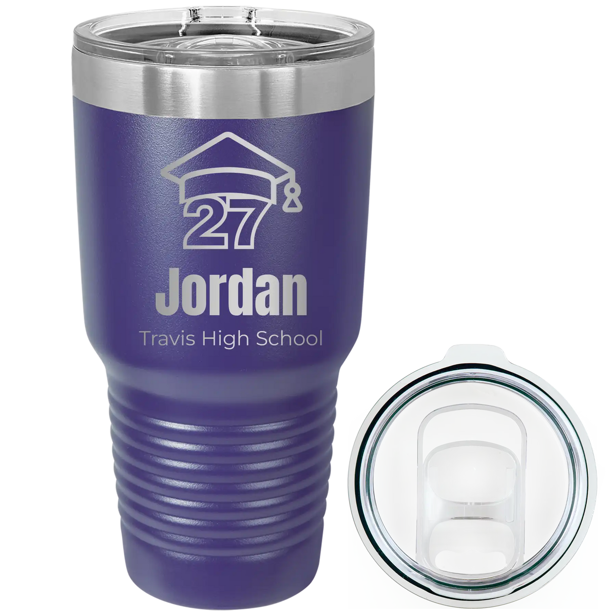 Laser etched purple 30 oz vacuum insulated tumbler with 'Year 2027' design