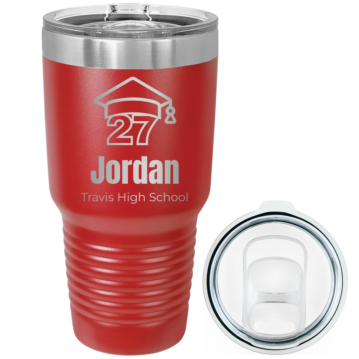 Laser etched red 30 oz vacuum insulated tumbler with 'Year 2027' design