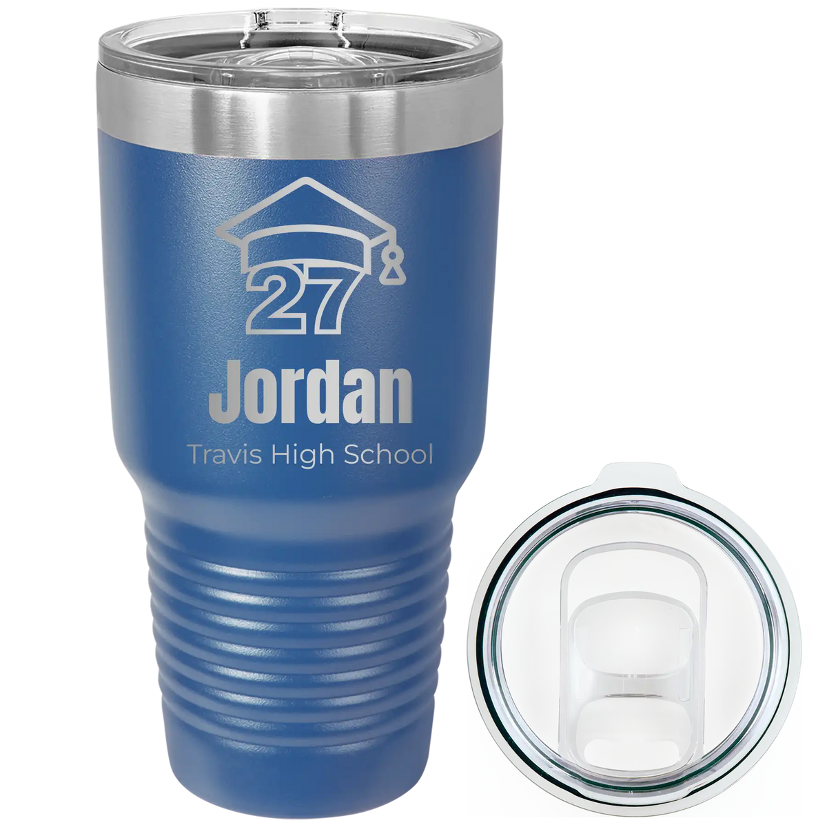Laser etched royal blue 30 oz vacuum insulated tumbler with 'Year 2027' design
