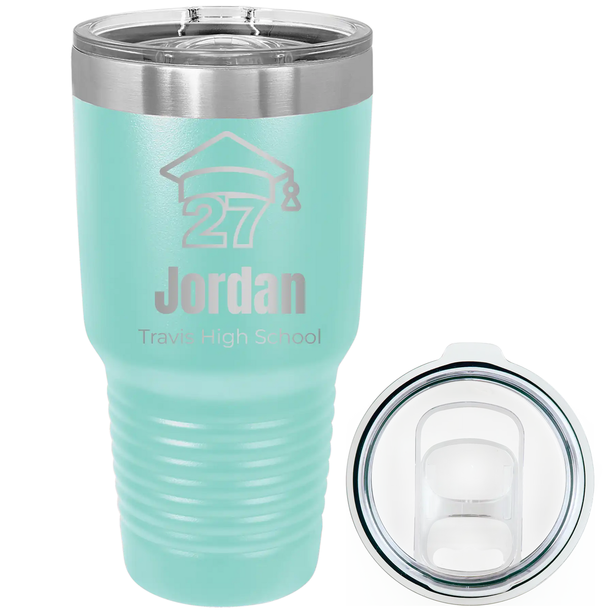 Laser etched teal 30 oz vacuum insulated tumbler with 'Year 2027' design