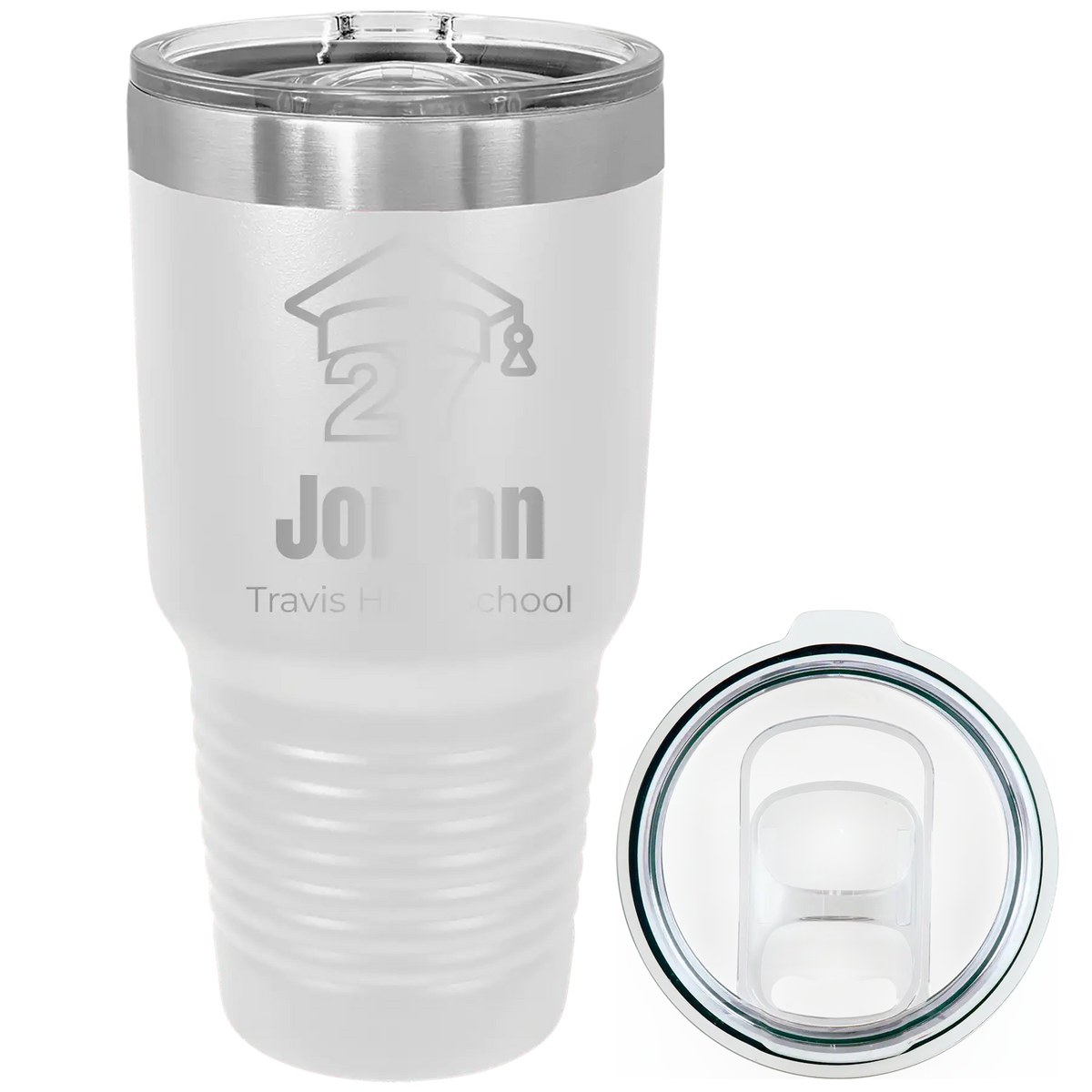 Laser etched white 30 oz vacuum insulated tumbler with 'Year 2027' design