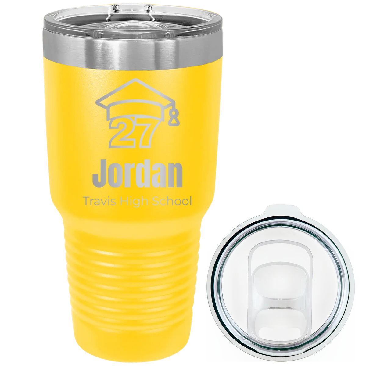 Laser etched yellow 30 oz vacuum insulated tumbler with 'Year 2027' design