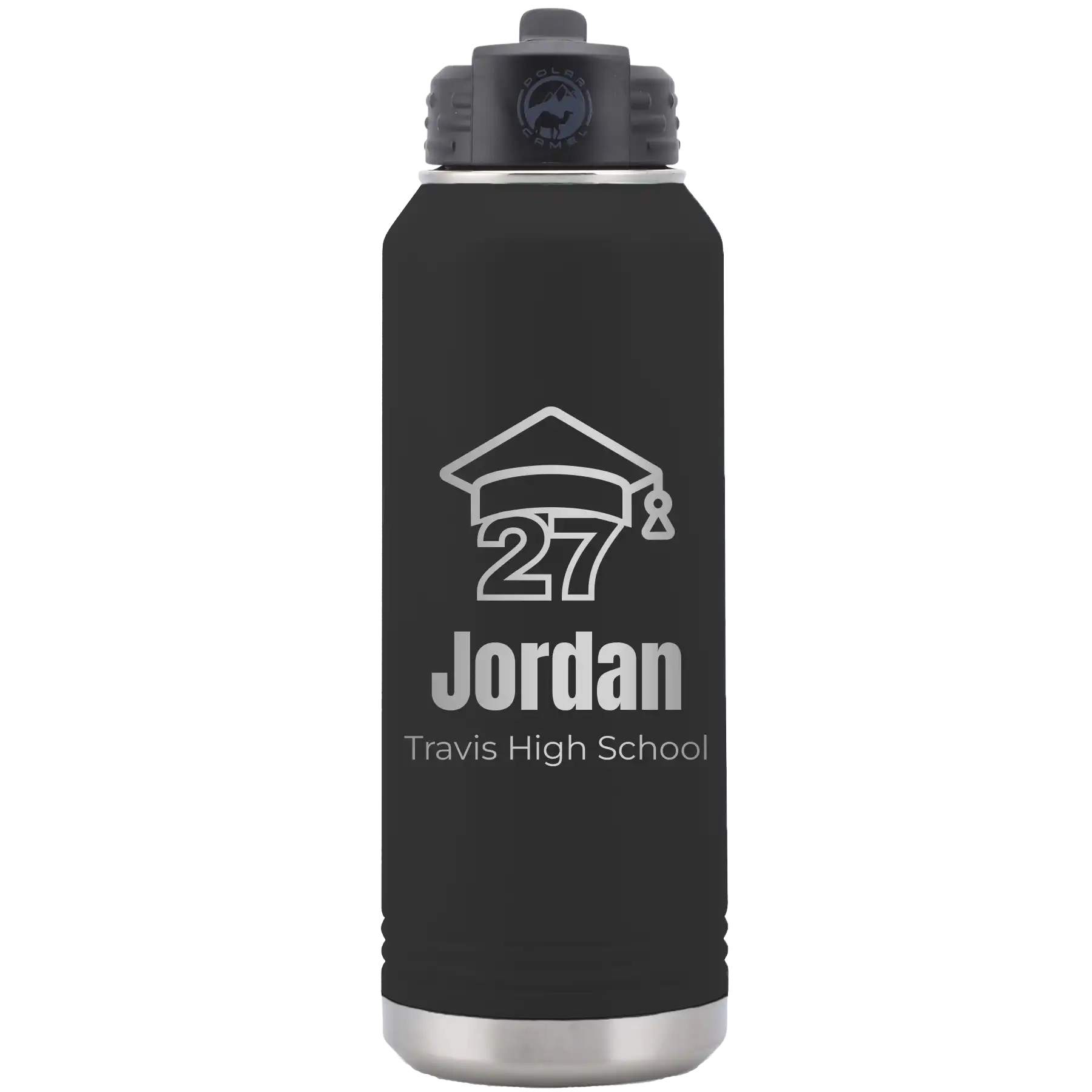 Laser etched black 32 oz vacuum insulated water bottle with 'Year 2027' design