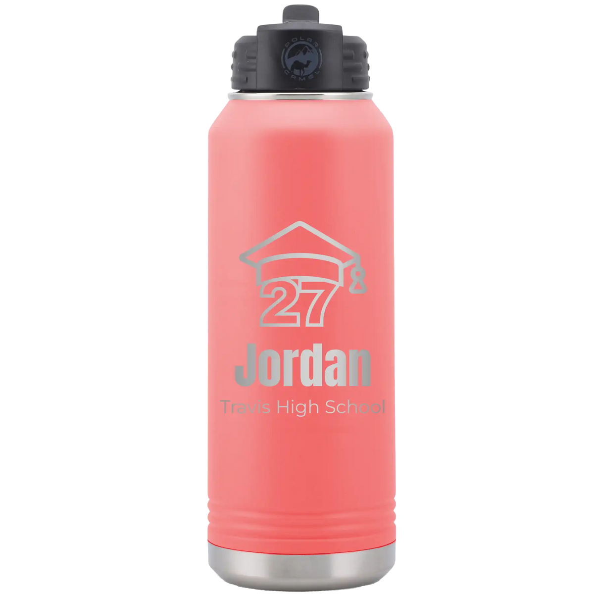 Laser etched coral 32 oz vacuum insulated water bottle with 'Year 2027' design
