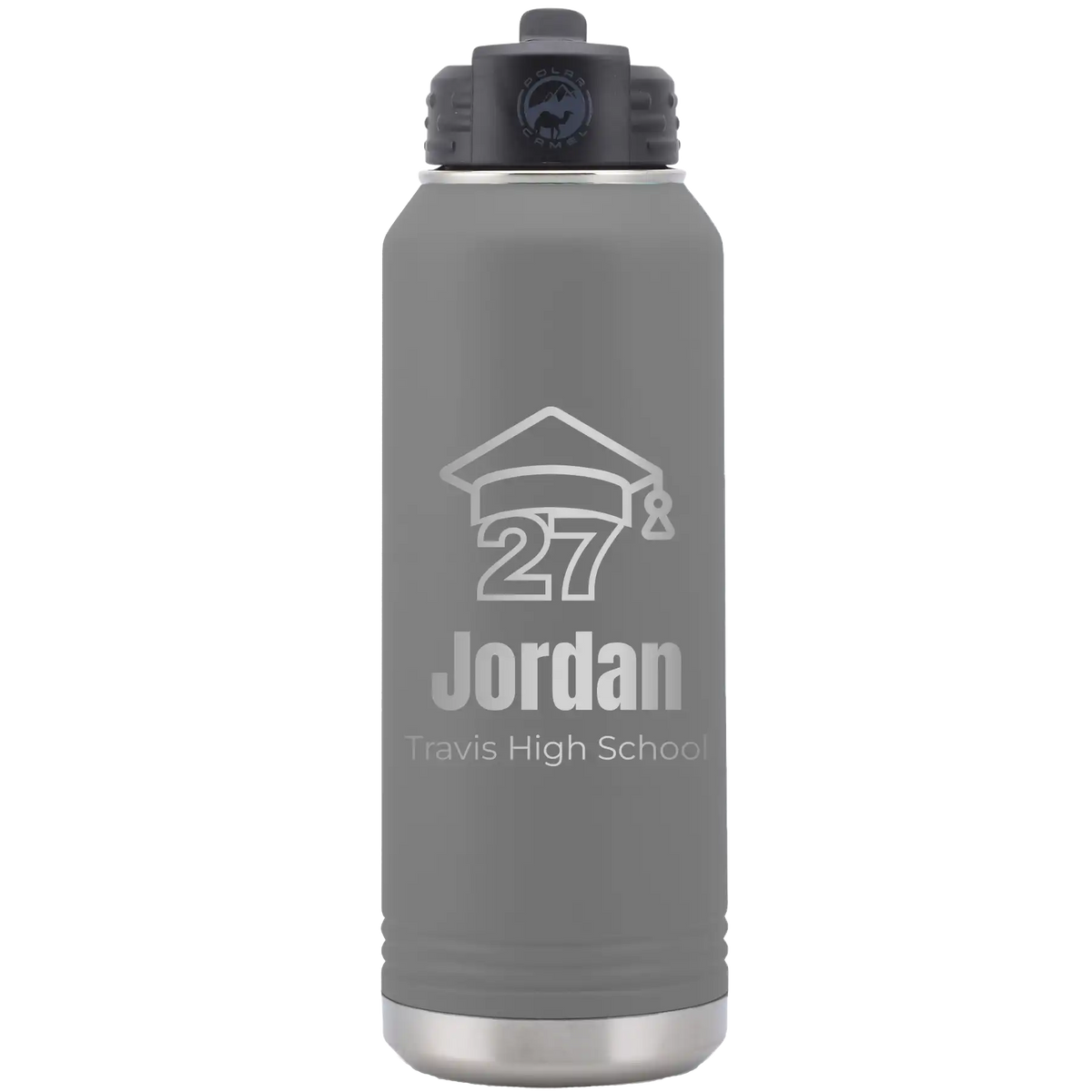 Laser etched dark gray 32 oz vacuum insulated water bottle with 'Year 2027' design