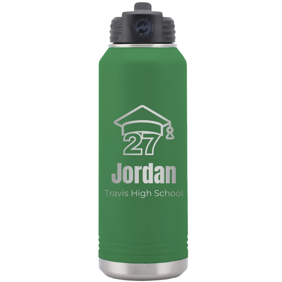 Laser etched green 32 oz vacuum insulated water bottle with 'Year 2027' design