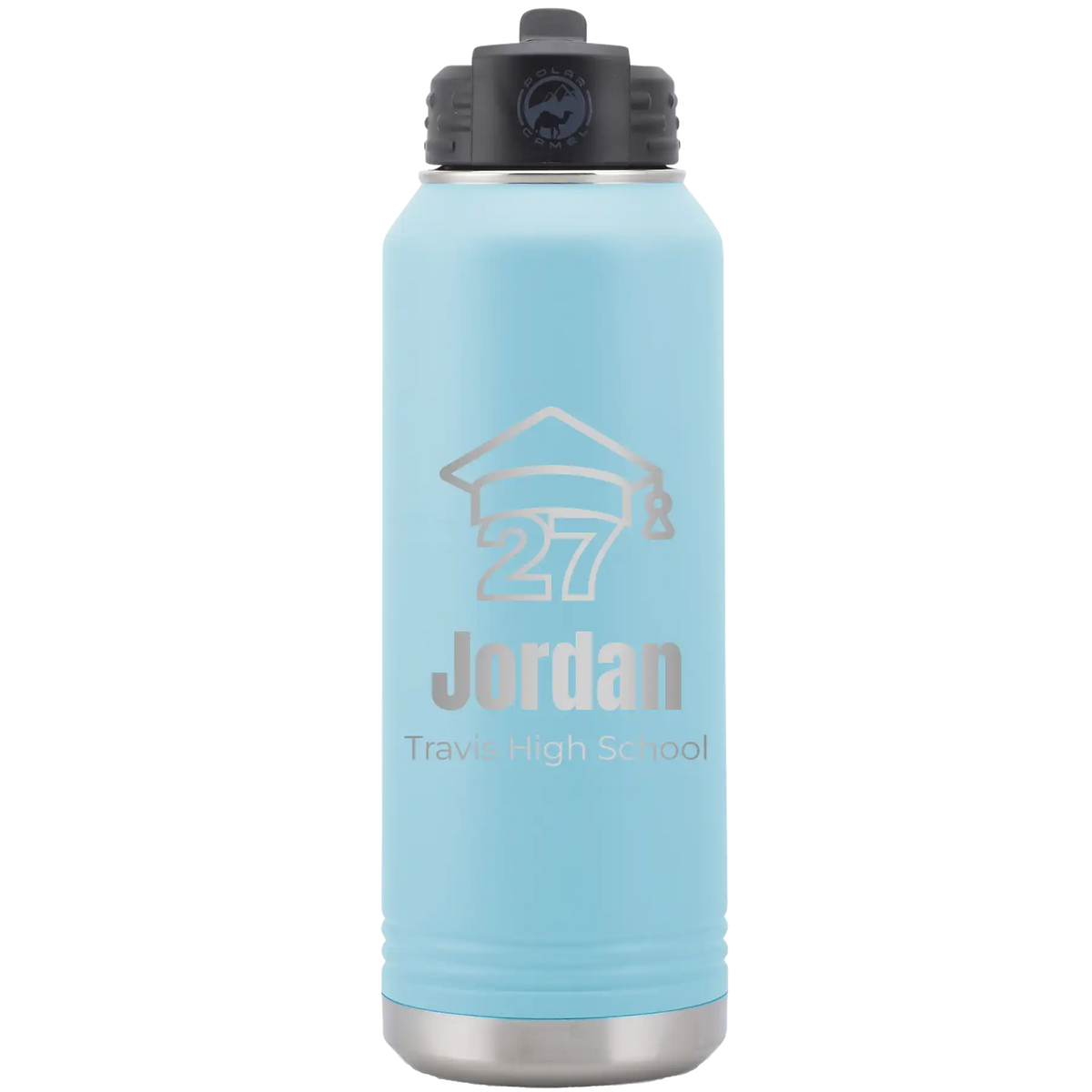 Laser etched light blue 32 oz vacuum insulated water bottle with 'Year 2027' design
