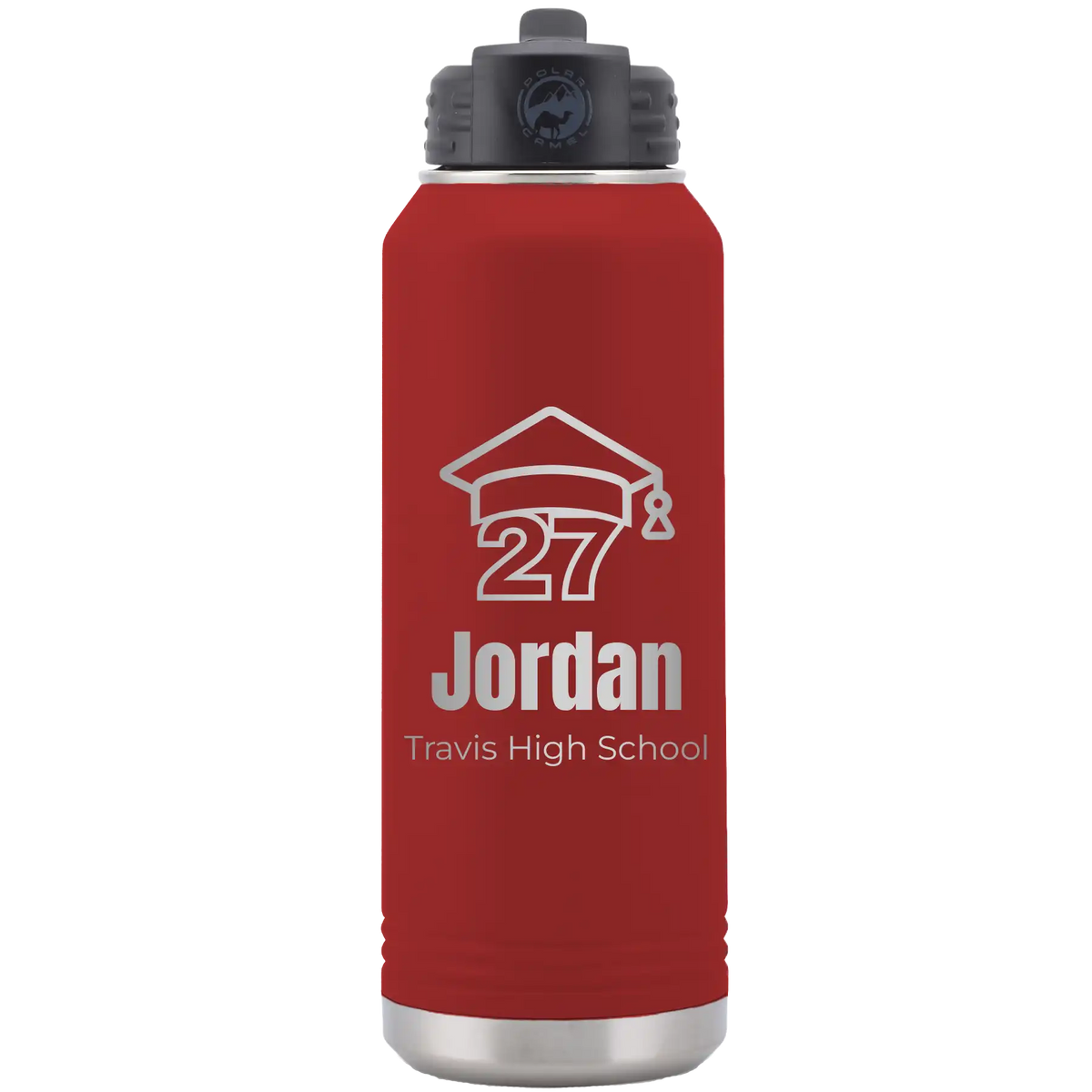 Laser etched maroon 32 oz vacuum insulated water bottle with 'Year 2027' design